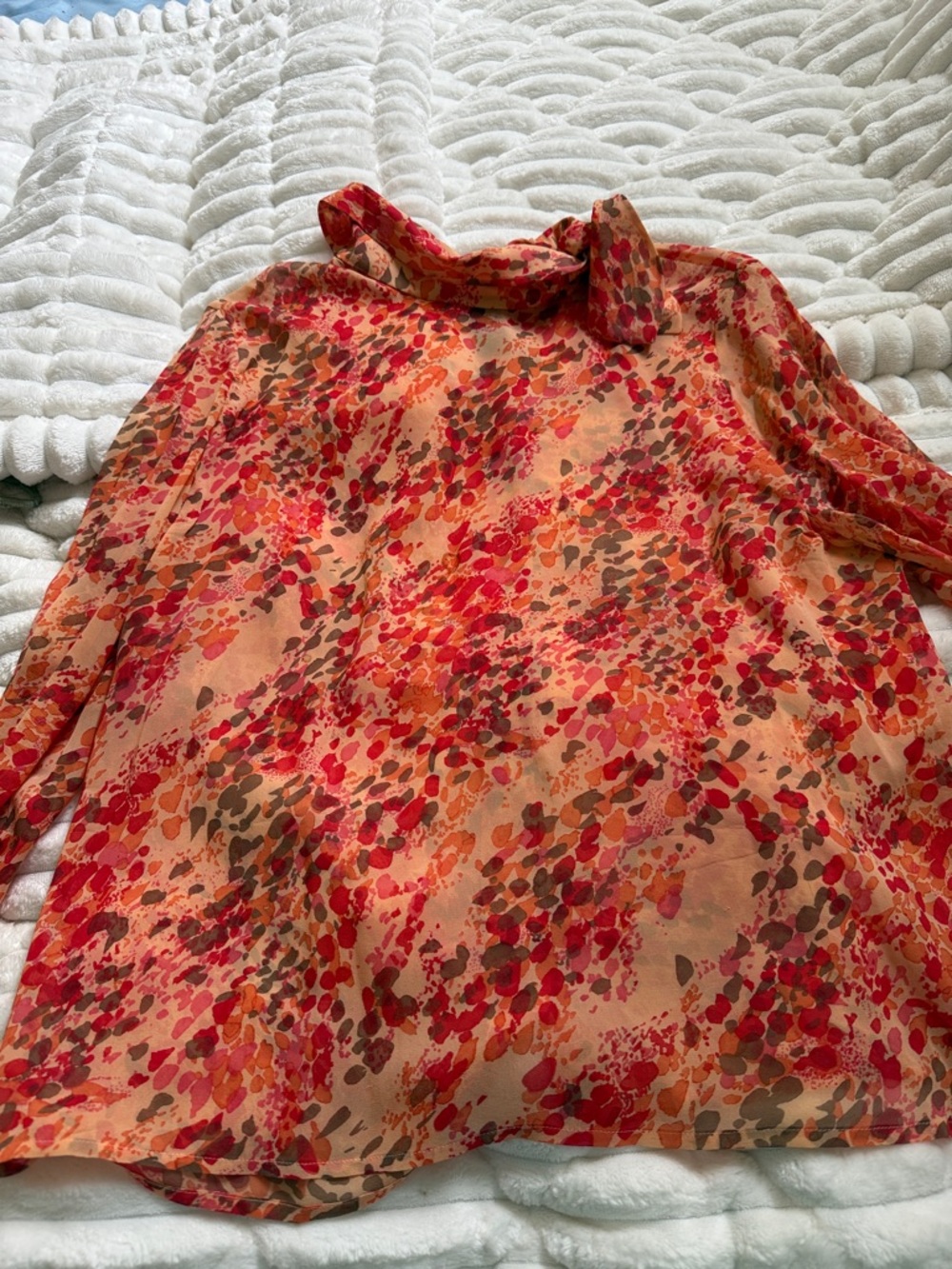 Dana Buchman Peach Blouse with Red, Coral & Brown Floral Print